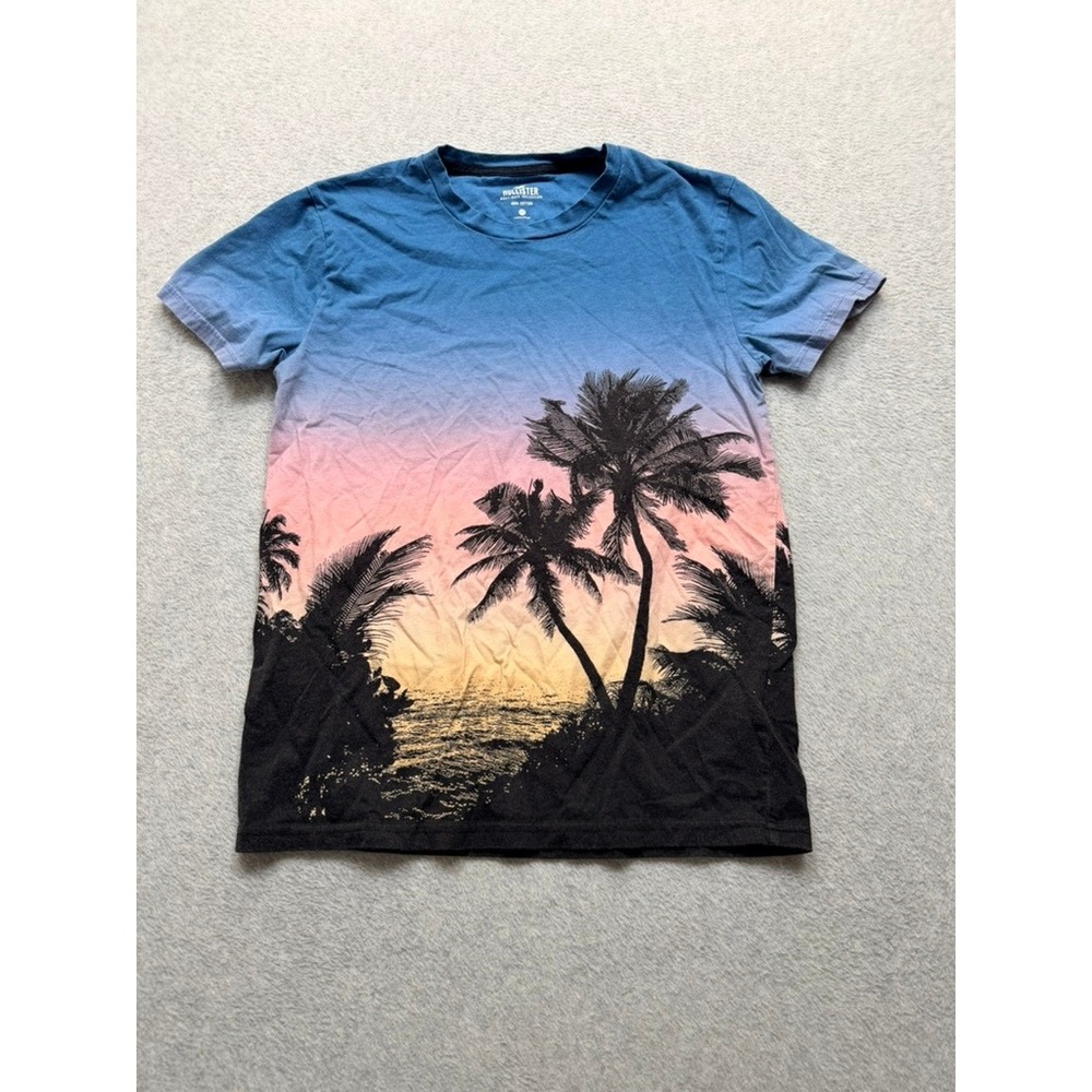 Hollister Mens XS Blue Pink Ombre Palm Tree Graphic T-Shirt Sunset Beach Cotton